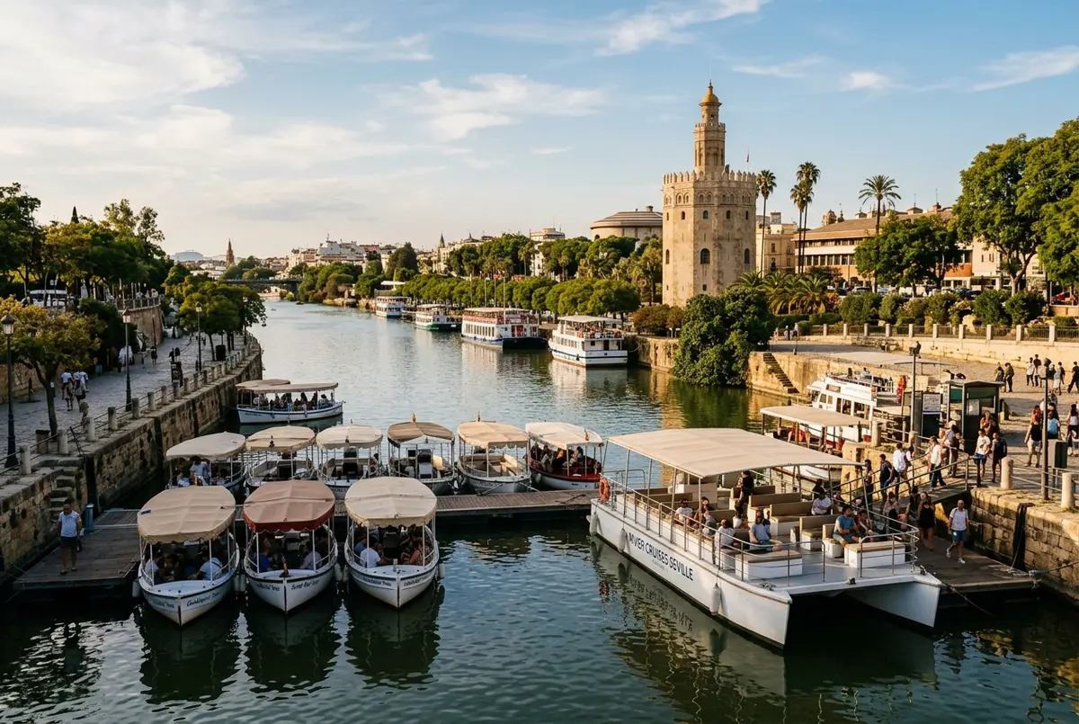 Editorial scene of small tour boats and an open catamaran moored along the Guadalquivir near Torre del Oro, representing the best Seville river cruise companies compared on this page