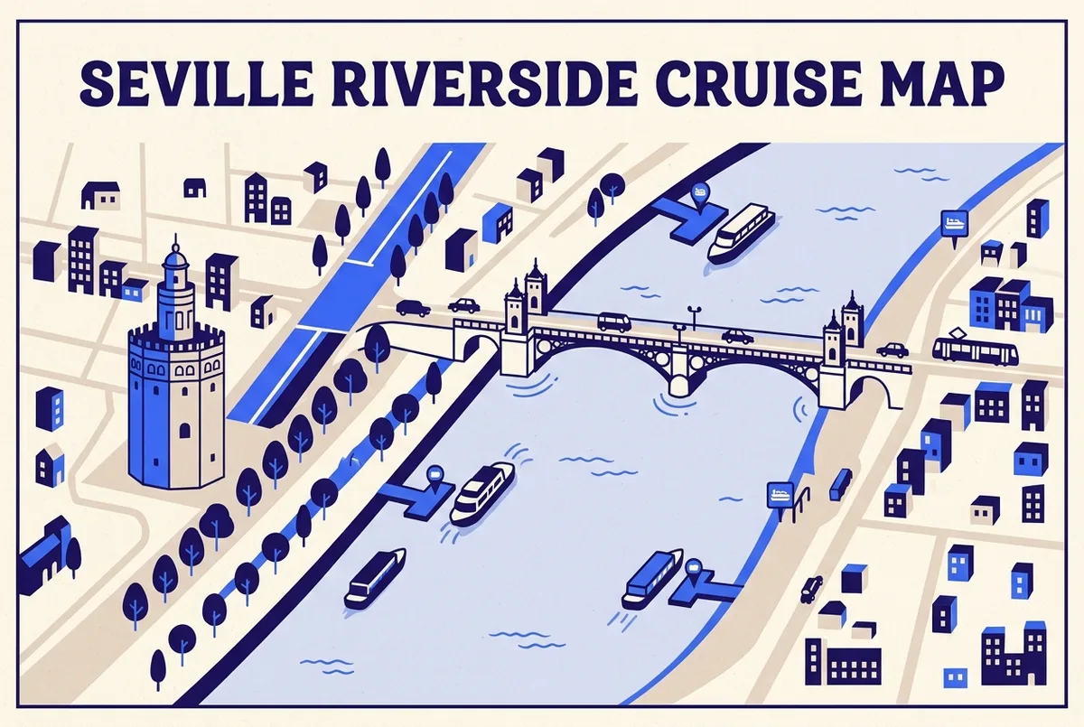 Map-style illustration of the Seville riverside departure area near Puente de San Telmo and Torre del Oro, with generic dock and boat icons marking where Guadalquivir river cruise companies depart