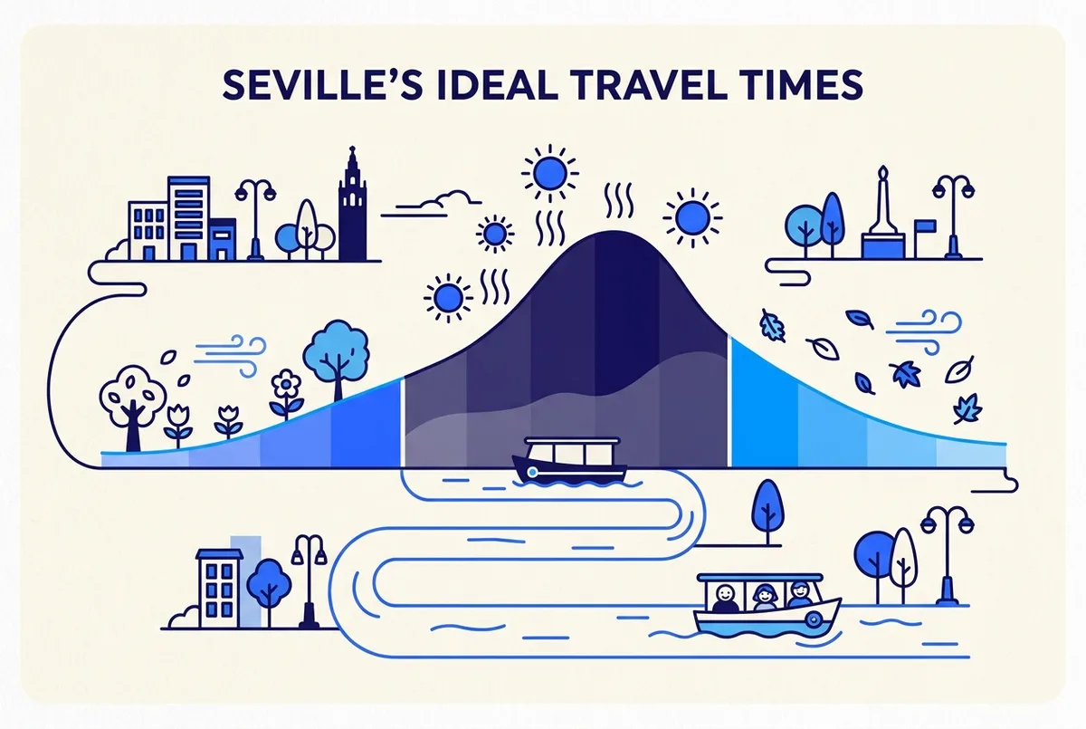 Simple month by month climate comparison chart for Seville highlighting spring and autumn as the mildest periods against a hot summer peak, generic icons only, clean minimal illustration style, no exact statistics, best season for seville river cruise chart