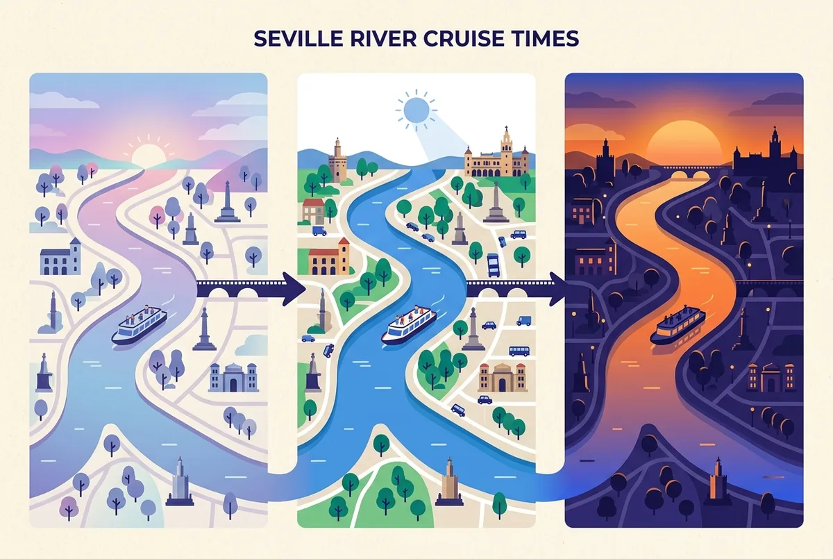 Simple three panel comparison illustration showing a cool pastel morning river scene, a bright midday river scene and a warm orange sunset river scene along the Guadalquivir, generic labels only, clean minimal illustration style, no statistics, best time for seville river cruise comparison