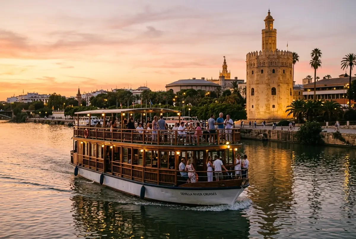 Golden hour view of a Guadalquivir river cruise boat passing the Torre del Oro in Seville with couples and small groups on deck, seville river cruise experiences scene