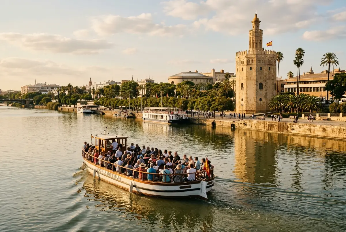 Seville boat tour cruising the Guadalquivir River past the Torre del Oro