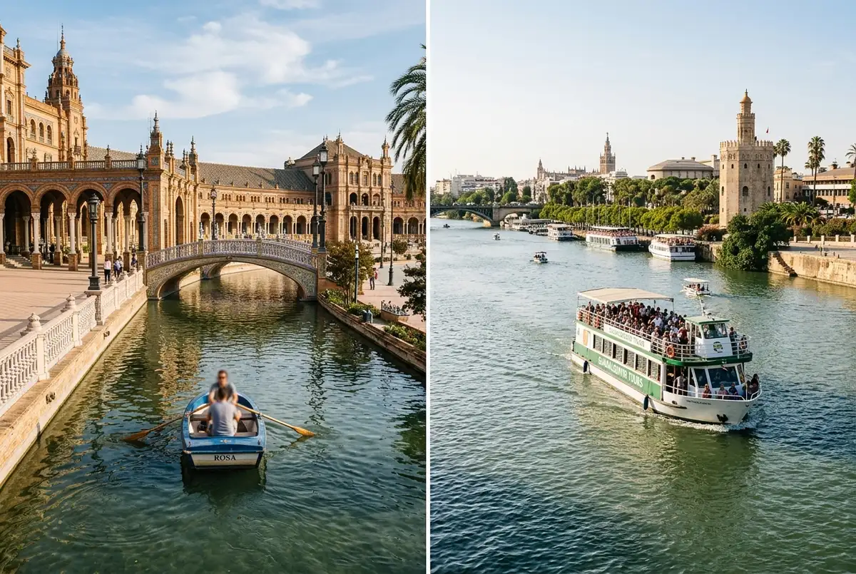 Comparaison côte à côte d'une petite barque sur le bassin de la Plaza de España à Séville et d'un grand bateau de croisière naviguant sur le vrai fleuve Guadalquivir, lumière d'après midi, balade en barque place d'espagne seville comparaison