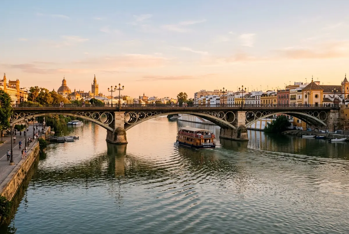 Wide shot of the ironwork Puente de Triana bridge over the Guadalquivir river in Seville with a sightseeing boat passing underneath at golden hour, puente de triana seville scene