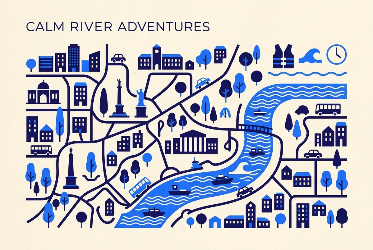 Simple reassurance infographic with generic icons for a life jacket, a calm river wave and a short clock face labeled as safety basics, clean minimal illustration style, no prices or statistics