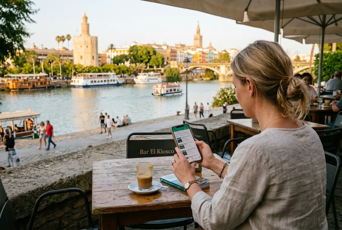 Voyageuse comparant des avis sur une croisière fluviale sur son telephone, assise a une terrasse pres du Guadalquivir a Seville, scene de recherche croisiere guadalquivir seville avis