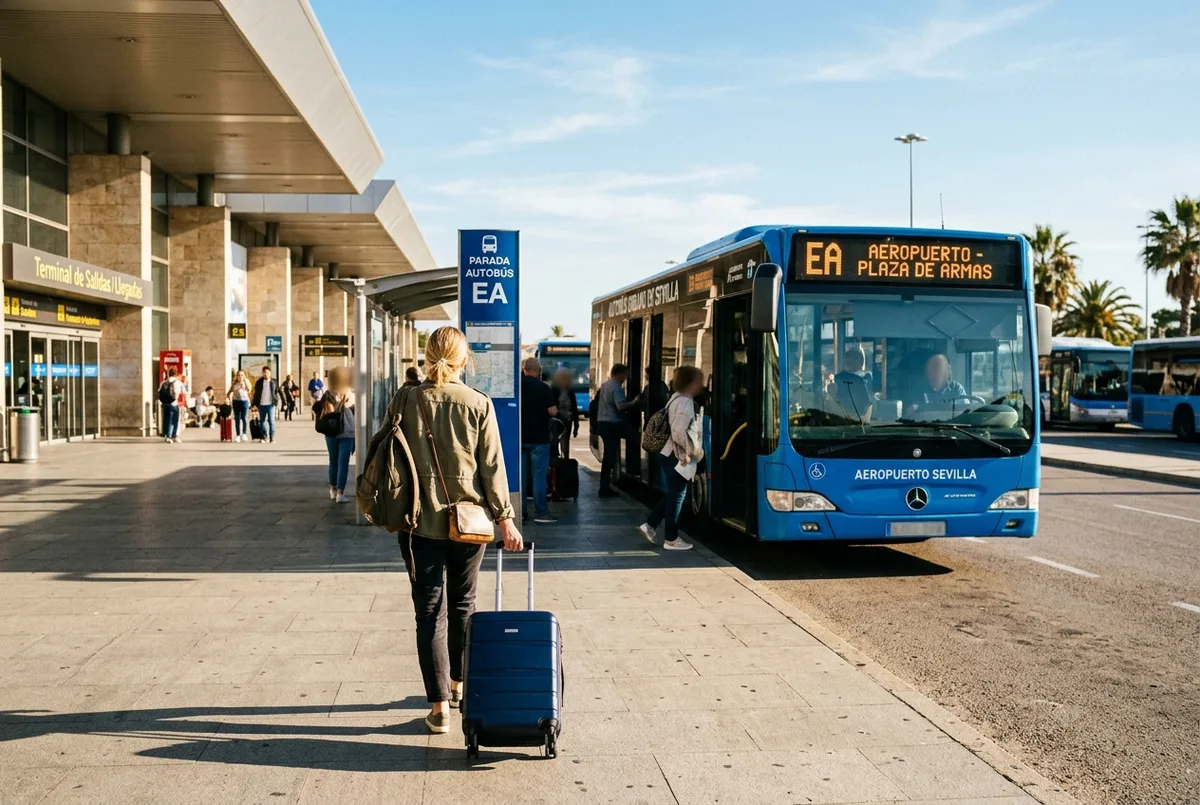 Traveler wheeling a suitcase toward a blue EA airport bus boarding area at Seville airport under a bright afternoon sky, seville airport to city centre transfer