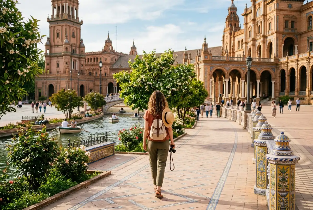 Traveler walking through Plaza de Espana in Seville under soft spring sunshine with orange blossoms in bloom, mild weather, seville when to visit scene