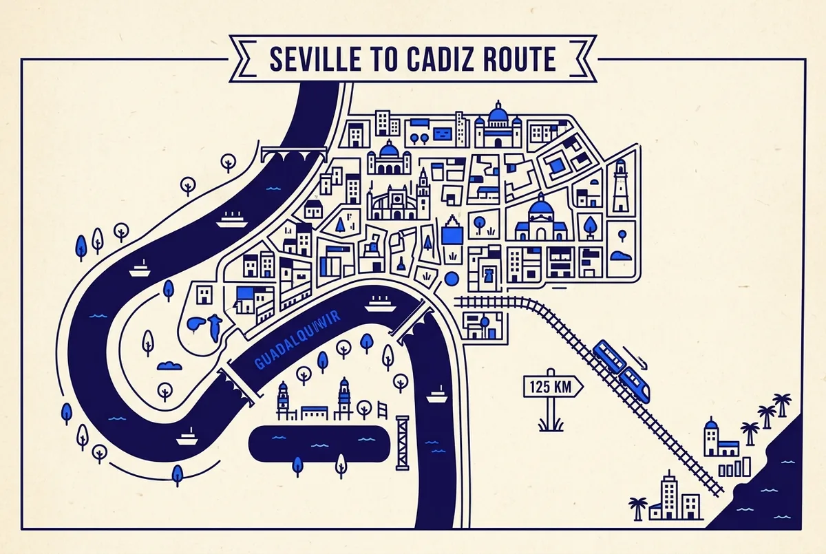 Simple route map showing the Guadalquivir River looping through central Seville separately from a train line running south to Cadiz, with a distance label on the train route, clean minimal style, no prices