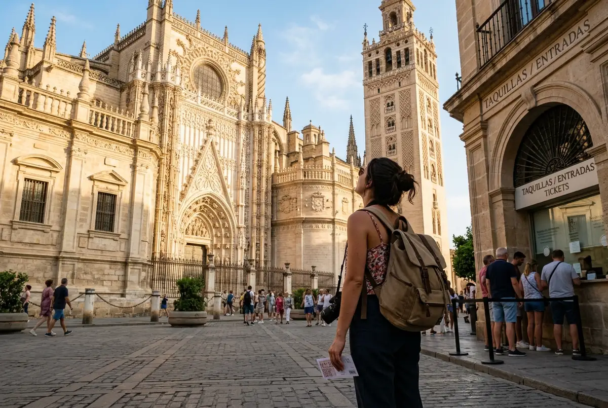 Traveler looking up at the ornate facade and bell tower of Seville Cathedral in warm morning light, seville cathedral price ticket scene