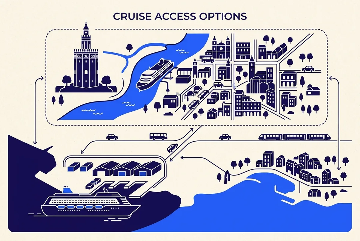 Simple comparison map showing the ocean cruise dock near Sanlucar or Cadiz far from central Seville versus the river cruise departure point near the Torre del Oro inside the city, clean minimal infographic style, no prices