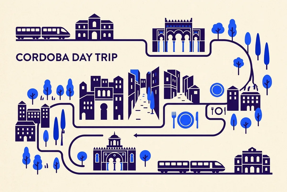 Simple itinerary infographic showing a timeline from morning train departure through Mezquita visit, Jewish Quarter, lunch and evening return train for a Córdoba day trip from Seville, generic icons only, no prices