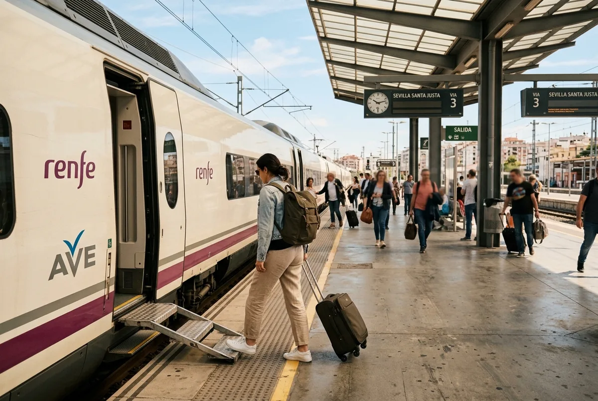 Traveler stepping off a high speed AVE train onto a sunny platform at Seville Santa Justa station, light luggage, midmorning arrival, seville day trip from madrid