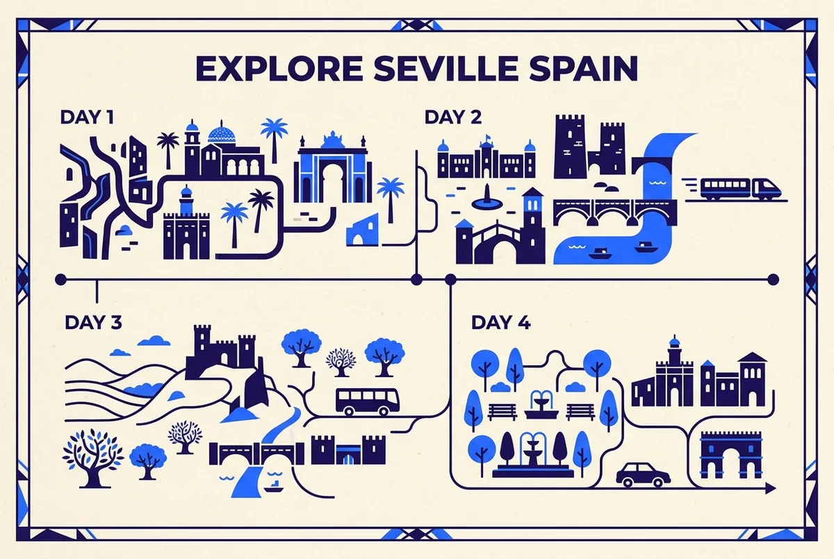 Simple timeline infographic showing a sample 4 day Seville itinerary with day trips and city days labeled, clean minimal icons, no prices