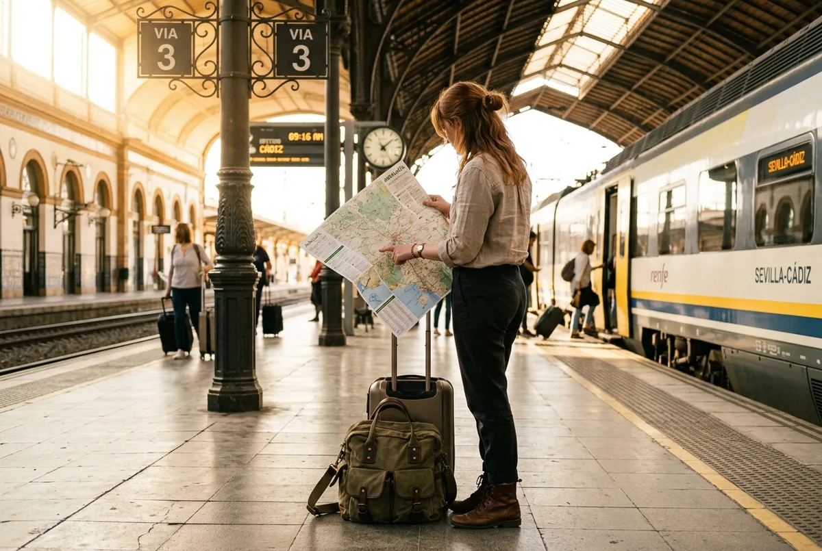 Traveler studying a paper map on a sunlit Seville train station platform before one of the best seville day trips, golden morning light, a light day bag at their feet