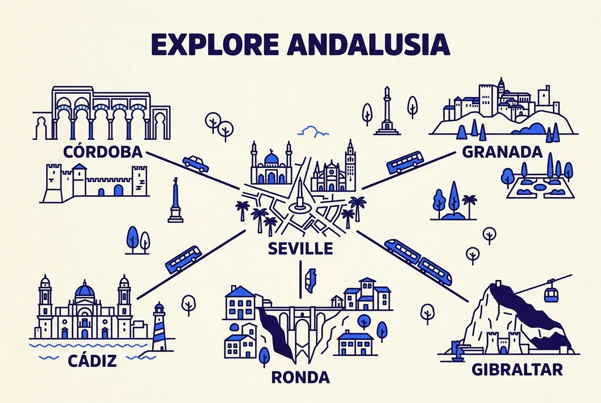 Simple itinerary infographic showing a radiating map centered on Seville with lines to Córdoba, Granada, Ronda, Gibraltar and Cádiz, each labeled with an approximate travel time, clean minimal style, no prices or statistics