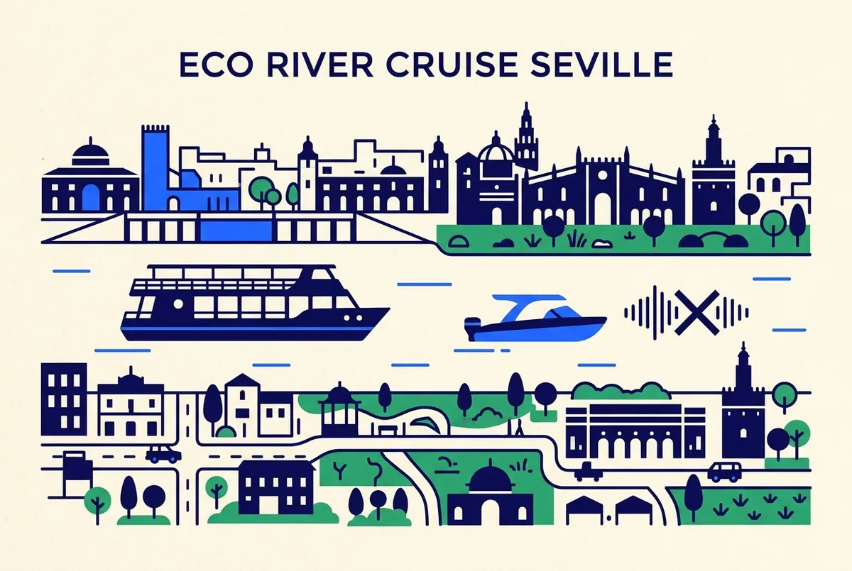 Simple comparison showing a larger shared boat icon beside a small electric boat icon with a sound wave crossed out, clean minimal infographic style, no prices, eco river cruise seville comparison