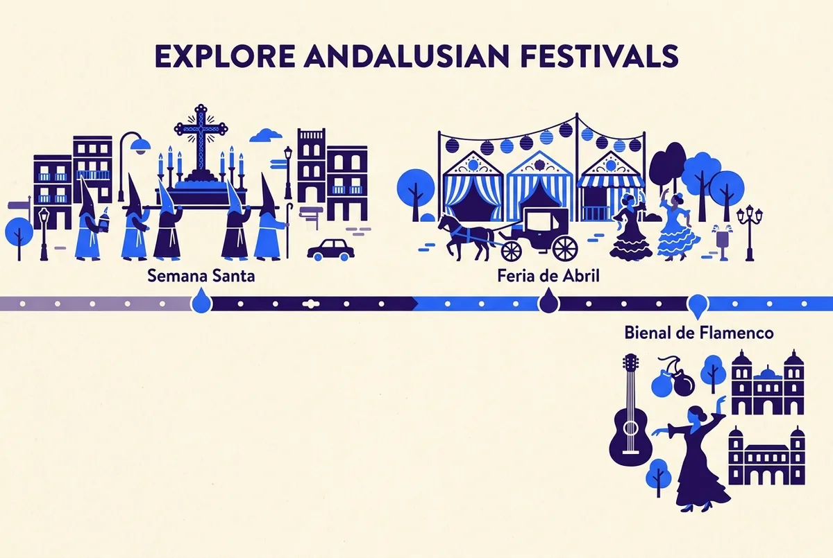 Simple calendar infographic showing Semana Santa, Feria de Abril and the Bienal de Flamenco marked on a yearly timeline with simple icons, clean minimal style, no statistics