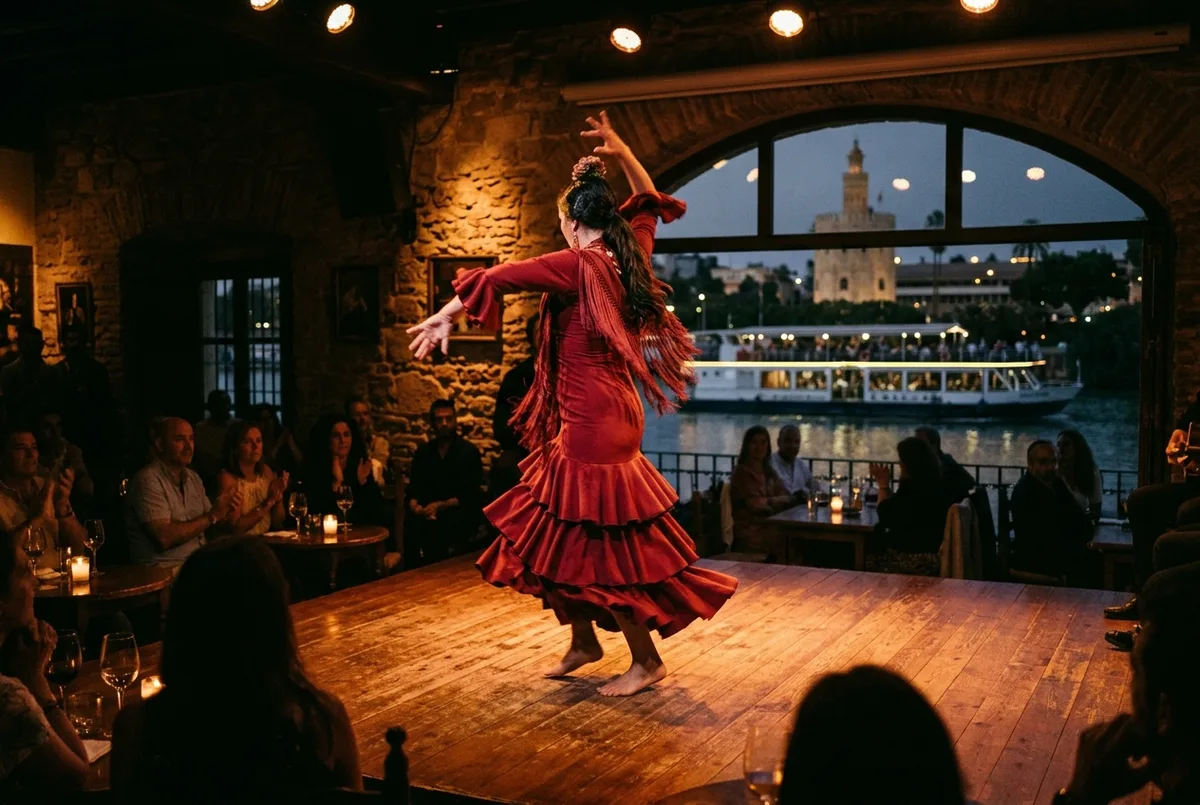 Bailaora de flamenco actuando en un escenario sevillano de noche con iluminacion calida y la silueta de un barco de crucero visible a traves de una ventana, escena crucero con flamenco guadalquivir