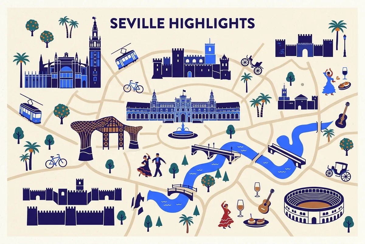 Simple daily budget breakdown infographic showing icons for tapas, cana drinks, a sit down meal and attraction tickets stacked into a rough daily total for Seville, clean minimal style, no specific prices