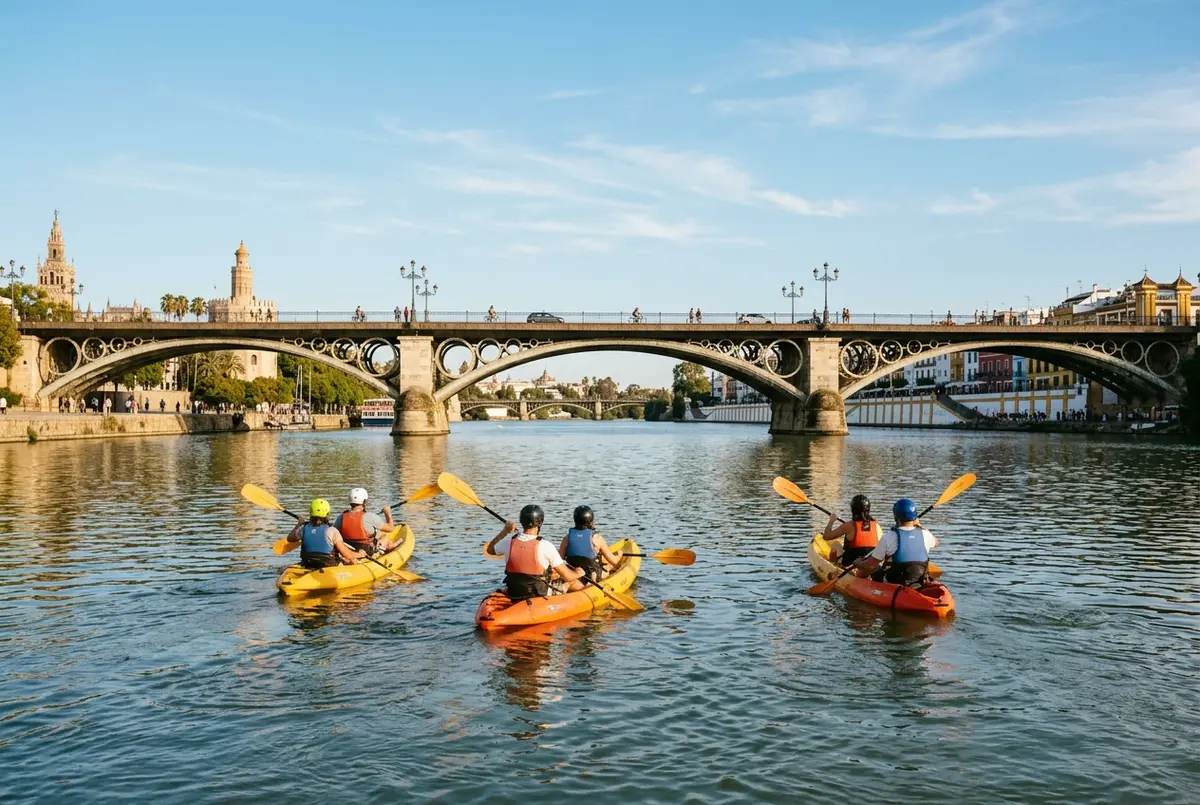 Small group kayaking past the Triana Bridge on the Guadalquivir River in Seville on a calm sunny afternoon, seville kayak tour scene