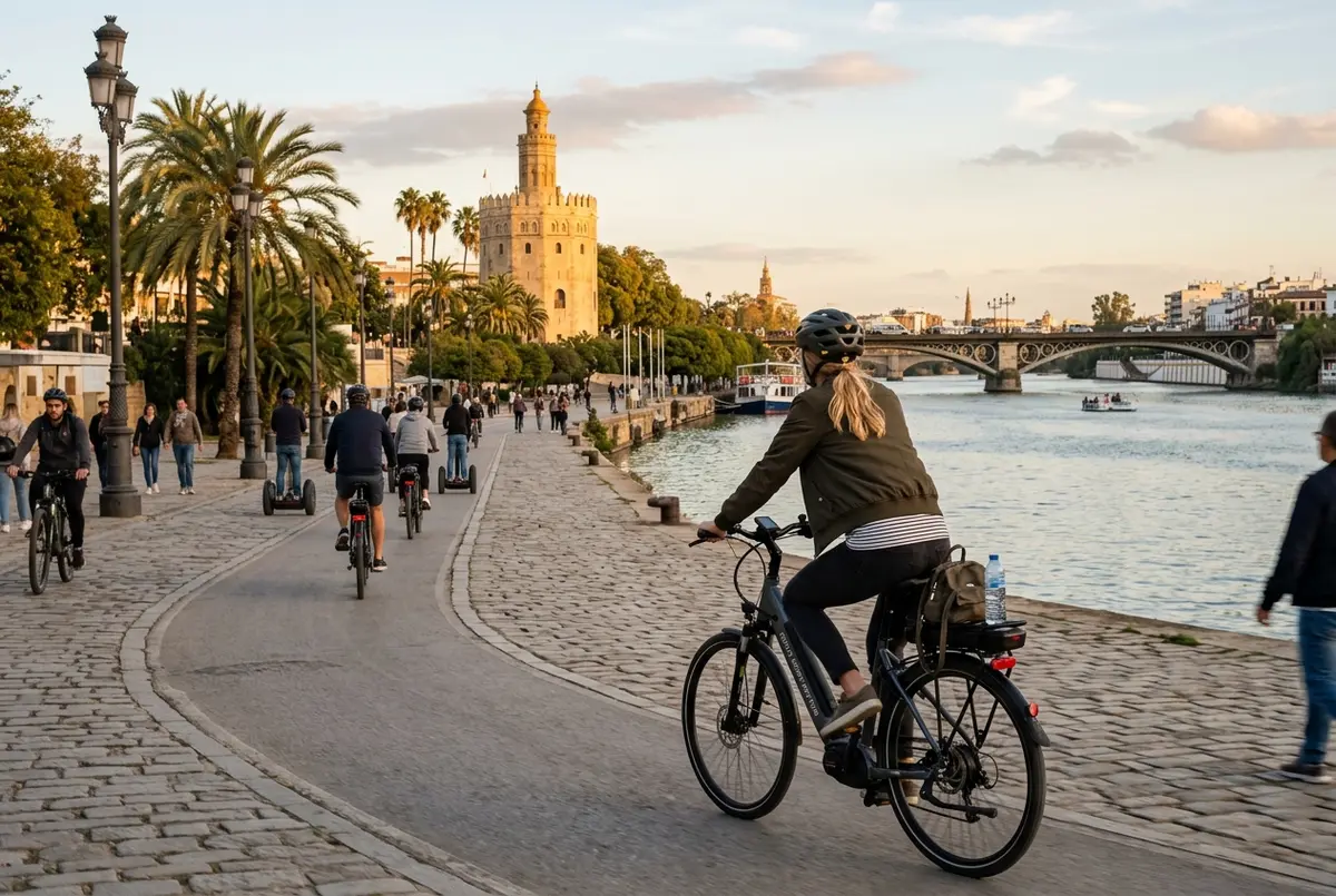 Traveler riding an electric bike along a paved riverside path beside the Guadalquivir in Seville, Torre del Oro visible across the water, seville segway bike tour scene