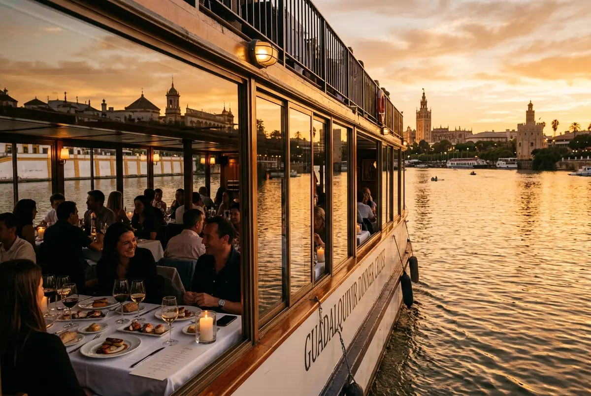 Barca ristorante sul Guadalquivir all'ora dorata con ospiti seduti a tavoli vicino al finestrino durante un menu degustazione, scena crociera serale sul guadalquivir