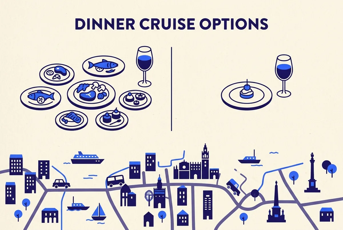 Comparaison simple côte à côte d'une assiette de menu dégustation complet face à une seule tapa et une boisson, style illustration minimaliste et propre, étiquettes génériques uniquement, sans prix, options croisière dîner guadalquivir seville