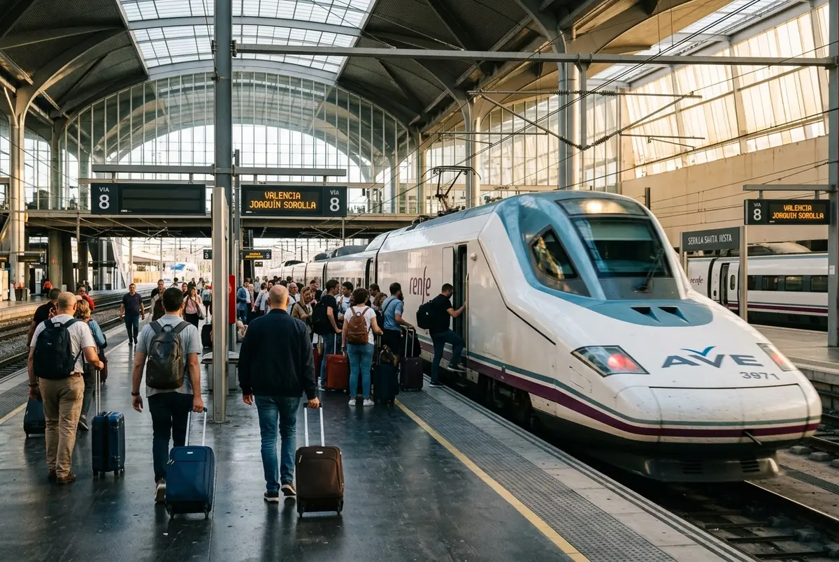 High speed AVE train pulling into a platform at Seville Santa Justa station, travelers with luggage boarding for the seville to valencia train journey