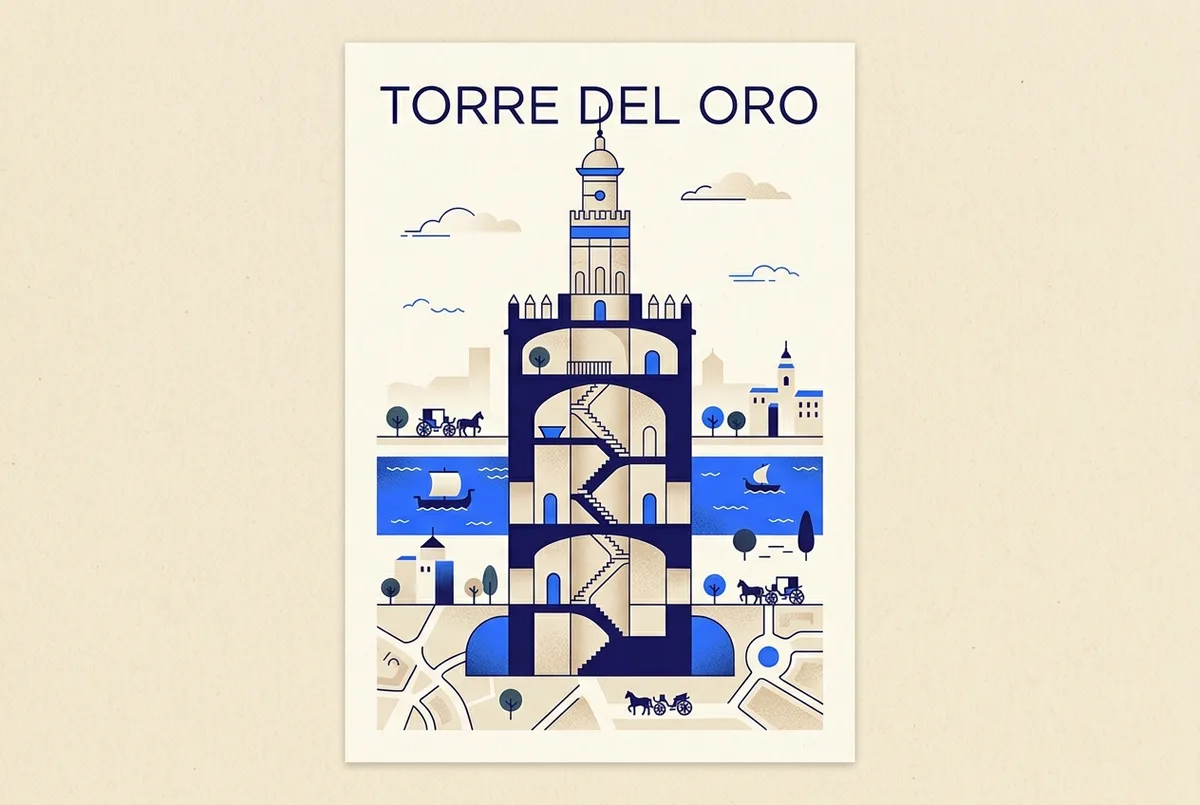 Simple labeled cross-section illustration of the Torre del Oro watchtower showing its three historic building stages with generic era labels, clean minimal infographic style, no prices or statistics, torre del oro history diagram
