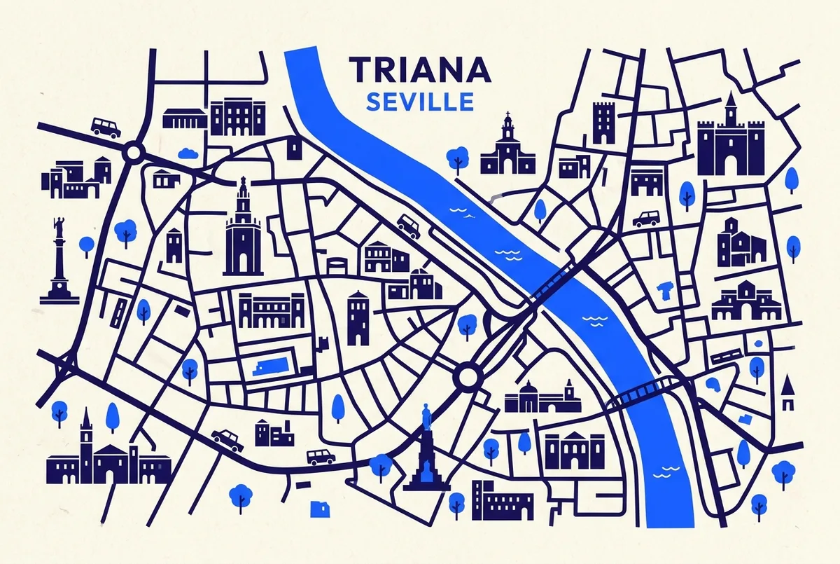 Simple illustrated map of the Triana neighborhood in Seville showing its position across the river from the historic center with generic street and landmark labels, clean minimal map style, no prices or statistics, triana seville neighborhood map