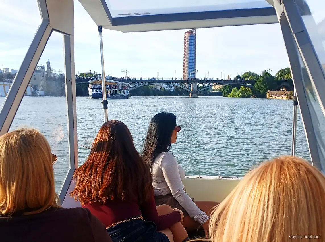 Passengers under the canopy of a private Seville boat tour heading toward Triana Bridge and Torre Sevilla